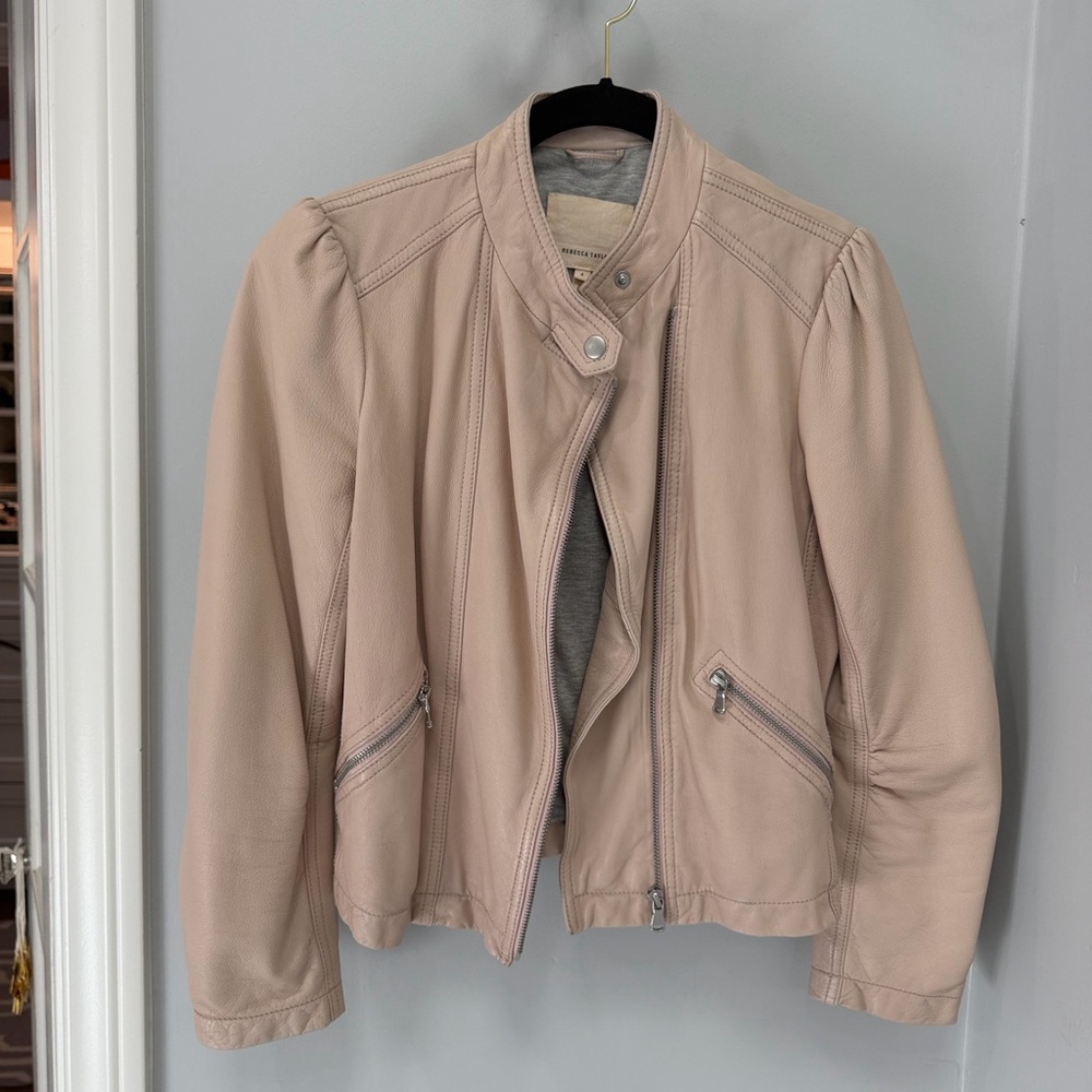 Rebecca Taylor Garment Washed Leather Moto Jacket Nude Blush Pink